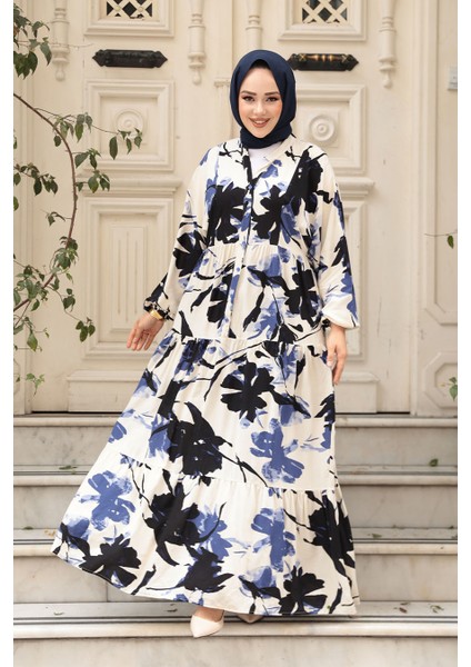 Desenli Indigo Mavisi Tesettür Elbise 24061IM
