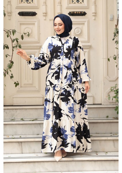 Desenli Indigo Mavisi Tesettür Elbise 24061IM fiyatları