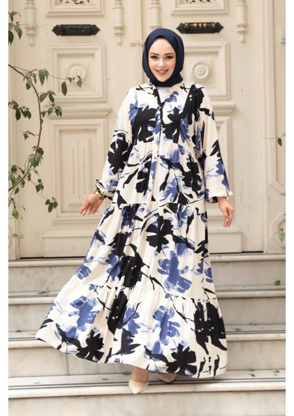 Desenli Indigo Mavisi Tesettür Elbise 24061IM modelleri