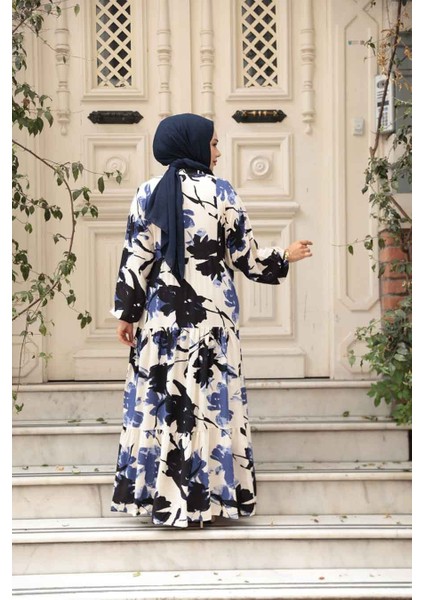 Desenli Indigo Mavisi Tesettür Elbise 24061IM fırsatları