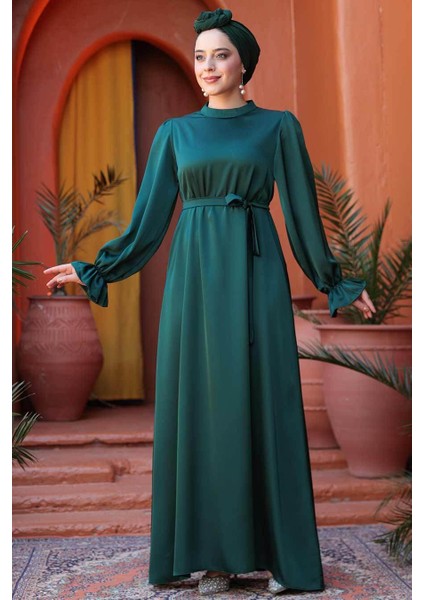Saten Zümrüt Yeşili Tesettür Elbise 62132ZY