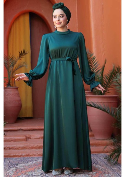 Saten Zümrüt Yeşili Tesettür Elbise 62132ZY fiyatları