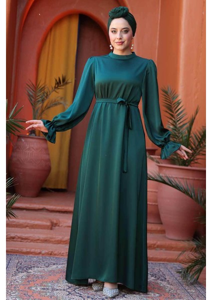 Saten Zümrüt Yeşili Tesettür Elbise 62132ZY modelleri