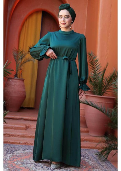 Saten Zümrüt Yeşili Tesettür Elbise 62132ZY fırsatları