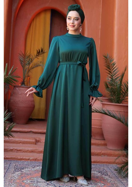 Saten Zümrüt Yeşili Tesettür Elbise 62132ZY indirimleri
