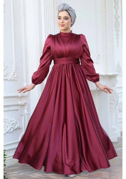 Saten Bordo Tesettür Abiye Elbise 23821BR