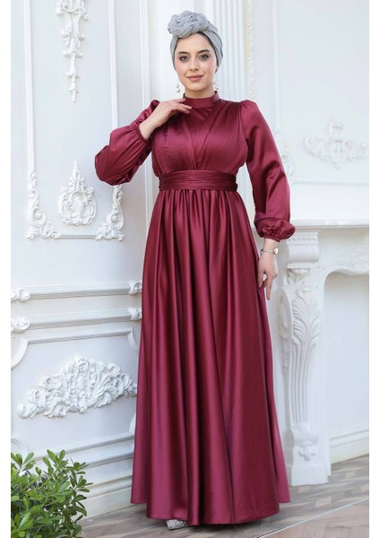 Saten Bordo Tesettür Abiye Elbise 23821BR fiyatları