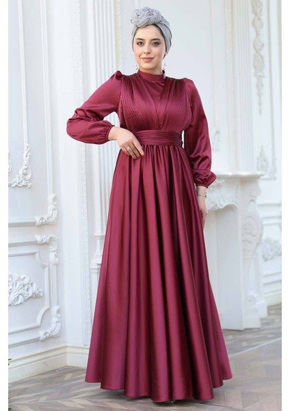 Saten Bordo Tesettür Abiye Elbise 23821BR modelleri