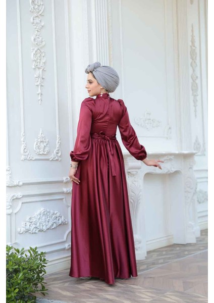 Saten Bordo Tesettür Abiye Elbise 23821BR fırsatları