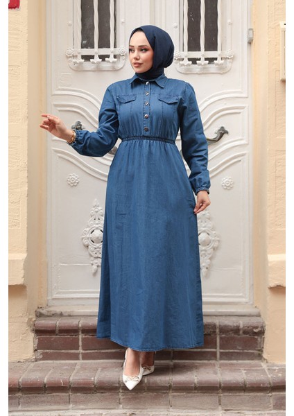 Cep Detaylı Lacivert Tesettür Kot Elbise 717L