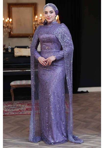 Pelerin Detaylı Boncuk Işlemeli Lila Tesettür Abiye Elbise 51841LILA