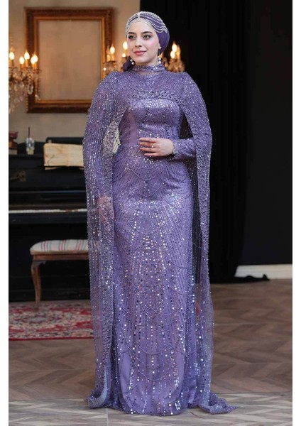 Pelerin Detaylı Boncuk Işlemeli Lila Tesettür Abiye Elbise 51841LILA fiyatları
