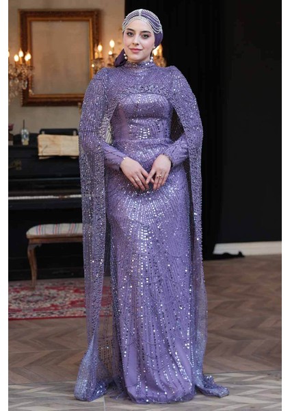 Pelerin Detaylı Boncuk Işlemeli Lila Tesettür Abiye Elbise 51841LILA modelleri