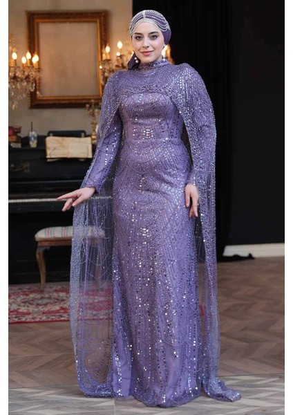 Pelerin Detaylı Boncuk Işlemeli Lila Tesettür Abiye Elbise 51841LILA fırsatları