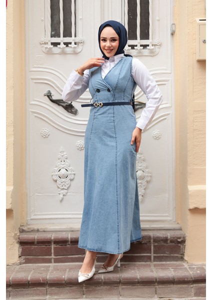 Kot Mavi Tesettür Jile Elbise 7182M