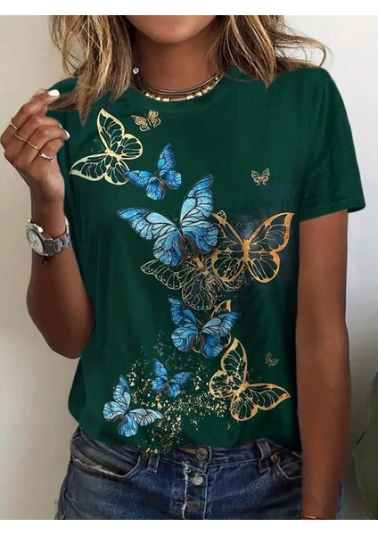 Kadın Kısa Kollu Mavi Sarı Kelebek Baskı Süprem Bluz modelleri