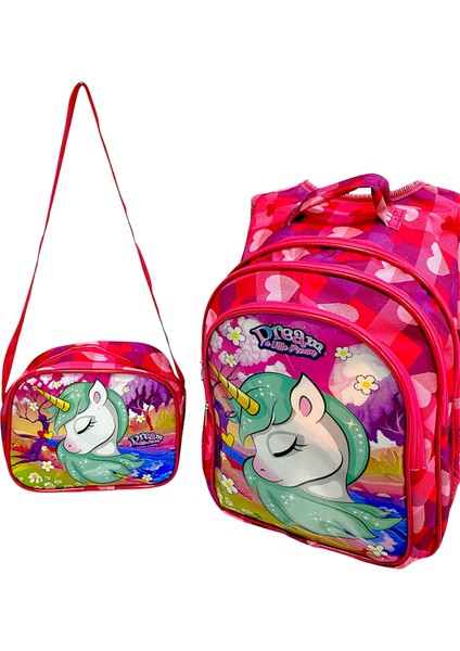 Unicorn Yarasa Model Desenli Kumaş Lüks Ilkokul Çantası 2'li Takım