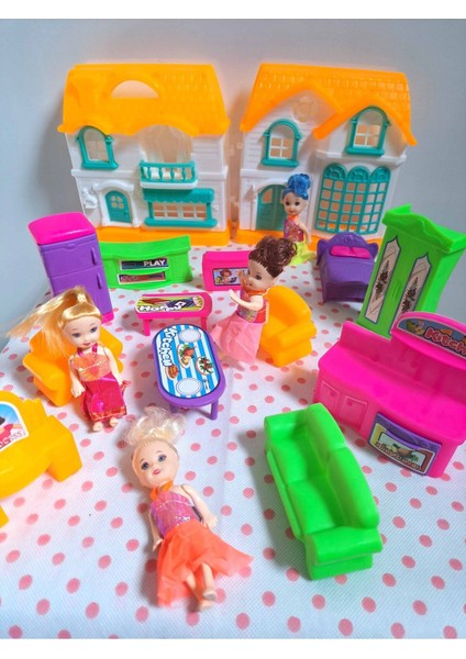 Oyuncak Evcilik ve Mutfak Setleri 18 Parça 4 Adet Mini Bebek 2 Ev ve Ev Eşyaları Misafircilik Oyunu