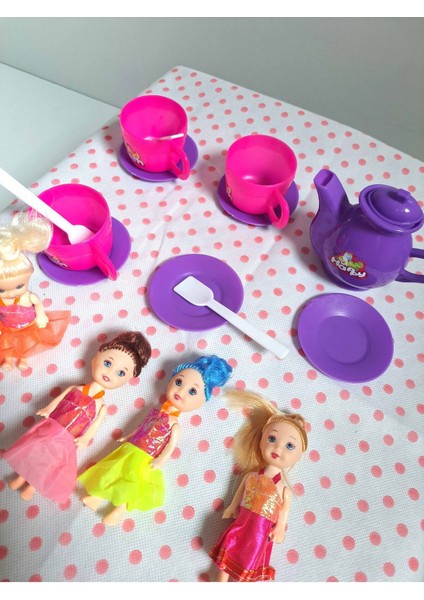 Evcilik ve Mutfak Setleri 18 Parça 4 Adet Mini Bebekli Misafircilik Oyuncakları Çay Seti Oyuncak Set