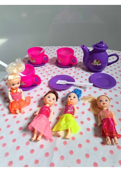 Evcilik ve Mutfak Setleri 18 Parça 4 Adet Mini Bebekli Misafircilik Oyuncakları Çay Seti Oyuncak Set