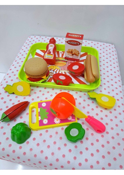 Oyuncak Evcilik ve Mutfak Setleri Aşçılık 27 Parça Tepsili Hamburger Set ve Kesilen Meyve Seti