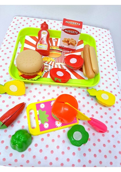 Oyuncak Evcilik ve Mutfak Setleri Aşçılık 27 Parça Tepsili Hamburger Set ve Kesilen Meyve Seti