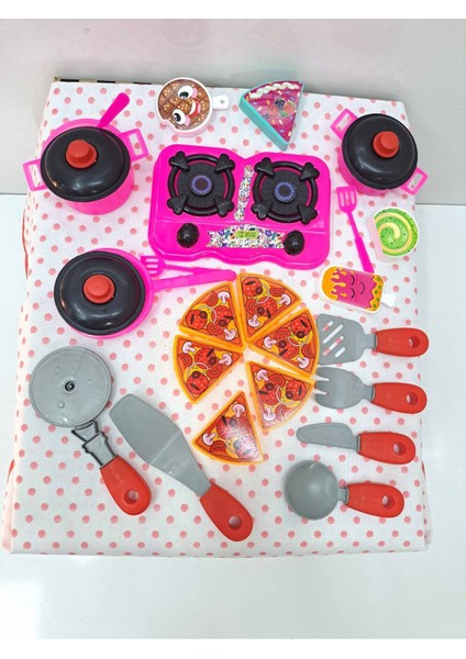 Oyuncak Evcilik ve Mutfak Setleri 26 Parça Aşçılık Yemek Ocak Tencere Mutfak Set ve Pizza Tatlı Seti