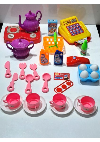 Oyuncak Evcilik ve Mutfak 2 Set Market Yazar Kasalı Alışveriş Oyunu 15PRÇ + Ocaklı Mutfak Seti 18 Ad