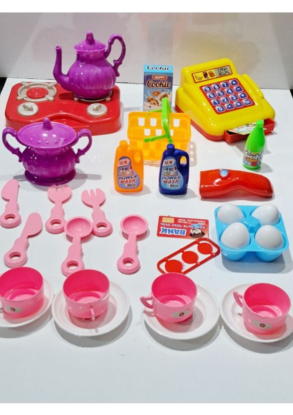Oyuncak Evcilik ve Mutfak 2 Set Market Yazar Kasalı Alışveriş Oyunu 15PRÇ + Ocaklı Mutfak Seti 18 Ad