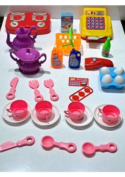 Oyuncak Evcilik ve Mutfak 2 Set Market Yazar Kasalı Alışveriş Oyunu 15PRÇ + Ocaklı Mutfak Seti 18 Ad
