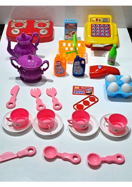 Oyuncak Evcilik ve Mutfak 2 Set Market Yazar Kasalı Alışveriş Oyunu 15PRÇ + Ocaklı Mutfak Seti 18 Ad