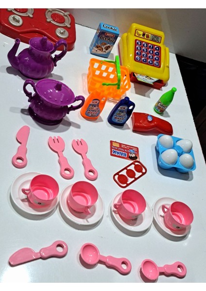 Oyuncak Evcilik ve Mutfak 2 Set Market Yazar Kasalı Alışveriş Oyunu 15PRÇ + Ocaklı Mutfak Seti 18 Ad