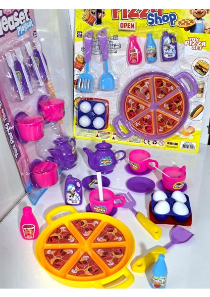 Oyuncak Evcilik ve Mutfak 2 Set Tepsili Pizza Seti 18PRÇ + Çay Seti 20 Parça Misafircilik Oyunu