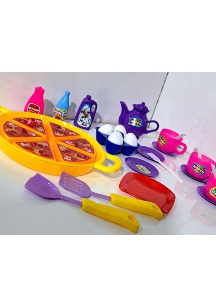 Oyuncak Evcilik ve Mutfak 2 Set Tepsili Pizza Seti 18PRÇ + Çay Seti 20 Parça Misafircilik Oyunu