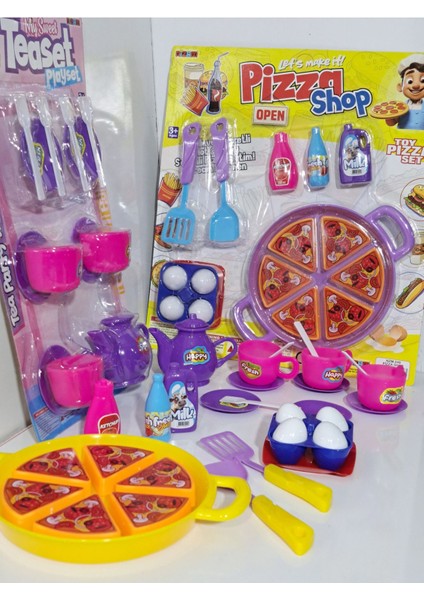 Oyuncak Evcilik ve Mutfak 2 Set Tepsili Pizza Seti 18PRÇ + Çay Seti 20 Parça Misafircilik Oyunu