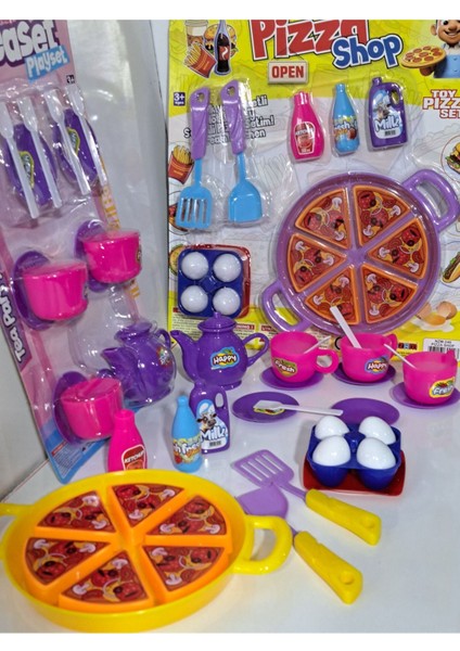 Oyuncak Evcilik ve Mutfak 2 Set Tepsili Pizza Seti 18PRÇ + Çay Seti 20 Parça Misafircilik Oyunu