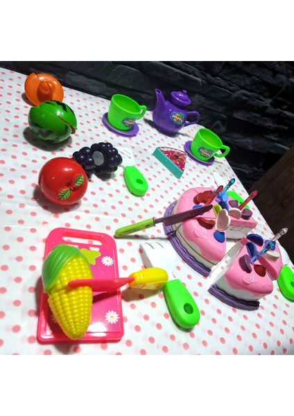 Oyuncak Evcilik ve Mutfak Setleri Kesilen Cırtlı Doğum Günü Pastası Çay Set Kesilen Meyveli 27 Prç