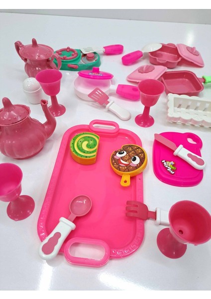 Evcilik Mutfak Seti 28 Parça Mutfak Pasta Yemek Çay Kaşık Çatak Fincan Seti Büyük Boy