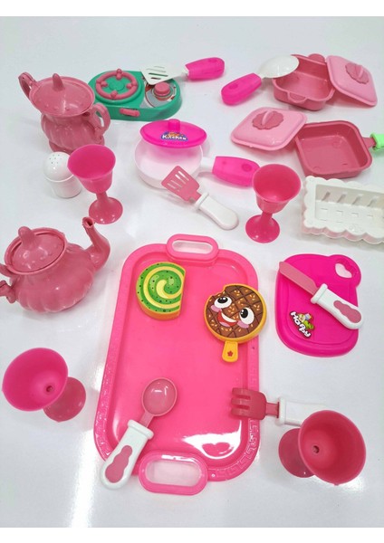 Evcilik Mutfak Seti 28 Parça Mutfak Pasta Yemek Çay Kaşık Çatak Fincan Seti Büyük Boy