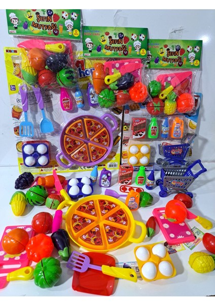 Oyuncak Evcilik ve Mutfak Tepsili Pizza 18PRÇ Kesilen Meyve Sebzeler 36 Prç + Market Seti 13 Parça