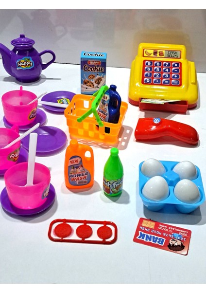 Oyuncak Evcilik ve Mutfak 2 Set Market Yazar Kasalı Alışveriş Oyunu 15PRÇ + Oyuncak 14 Prç. Çay Set