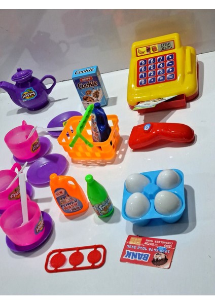 Oyuncak Evcilik ve Mutfak 2 Set Market Yazar Kasalı Alışveriş Oyunu 15PRÇ + Oyuncak 14 Prç. Çay Set