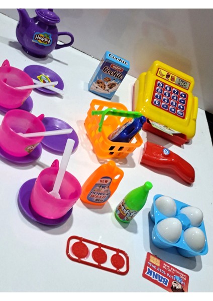 Oyuncak Evcilik ve Mutfak 2 Set Market Yazar Kasalı Alışveriş Oyunu 15PRÇ + Oyuncak 14 Prç. Çay Set