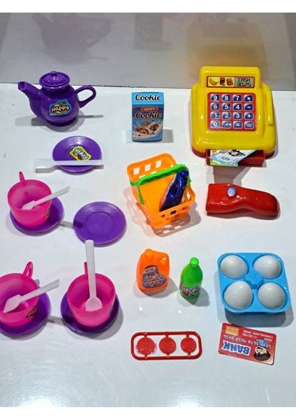 Oyuncak Evcilik ve Mutfak 2 Set Market Yazar Kasalı Alışveriş Oyunu 15PRÇ + Oyuncak 14 Prç. Çay Set