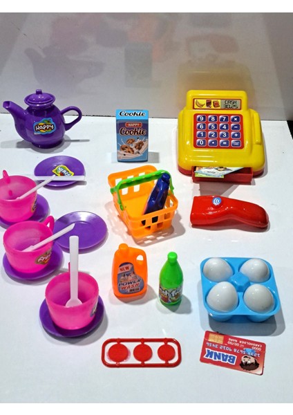 Oyuncak Evcilik ve Mutfak 2 Set Market Yazar Kasalı Alışveriş Oyunu 15PRÇ + Oyuncak 14 Prç. Çay Set