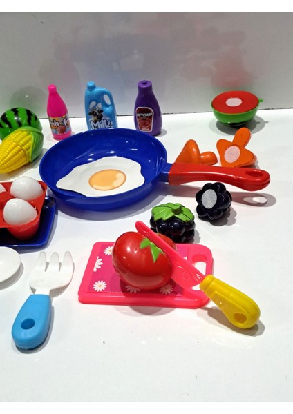 Oyuncak Evcilik ve Mutfak 2 Set Tava Yumurta Set 12 P+ Kesilen Meyve Sebze Seti 12 Parça