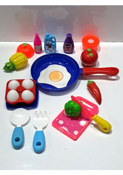 Oyuncak Evcilik ve Mutfak 2 Set Tava Yumurta Set 12 P+ Kesilen Meyve Sebze Seti 12 Parça