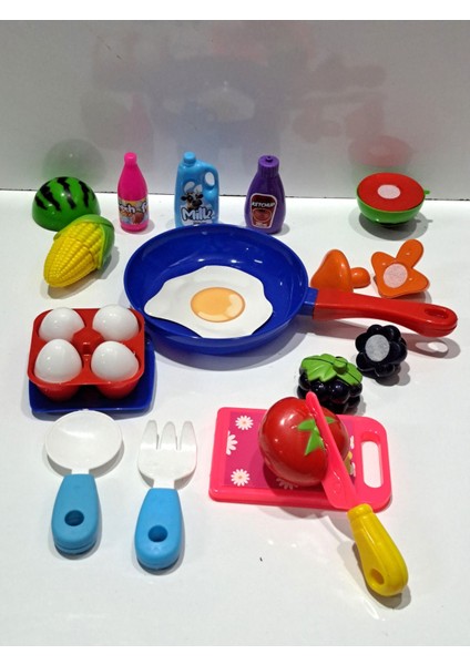 Oyuncak Evcilik ve Mutfak 2 Set Tava Yumurta Set 12 P+ Kesilen Meyve Sebze Seti 12 Parça