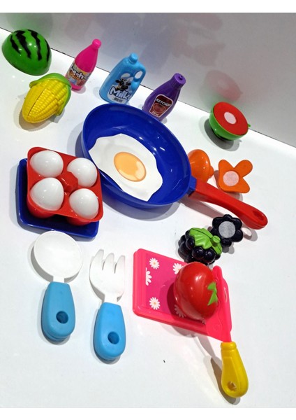 Oyuncak Evcilik ve Mutfak 2 Set Tava Yumurta Set 12 P+ Kesilen Meyve Sebze Seti 12 Parça