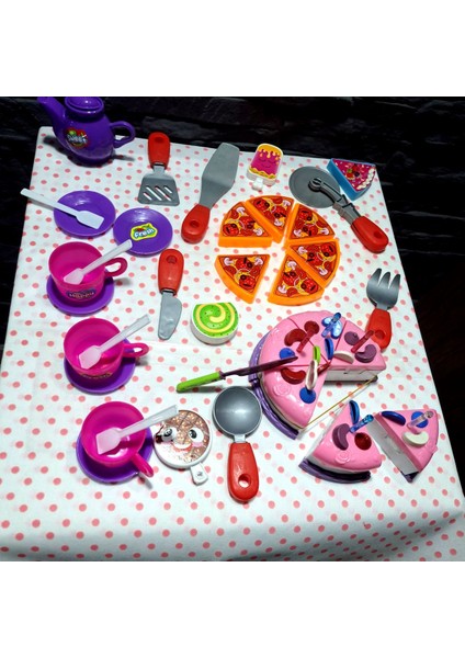 Oyuncak Evcilik ve Mutfak Setleri Kesilen Cırtlı Doğum Günü Pastası Pizza Çay Mutfak Seti 30 Prç